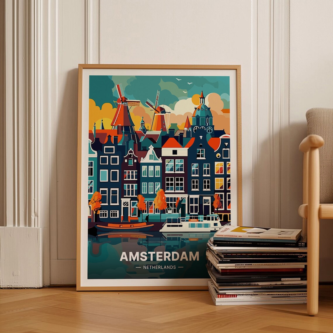Amsterdam Travel Poster, Holland Cityscape Art Print
