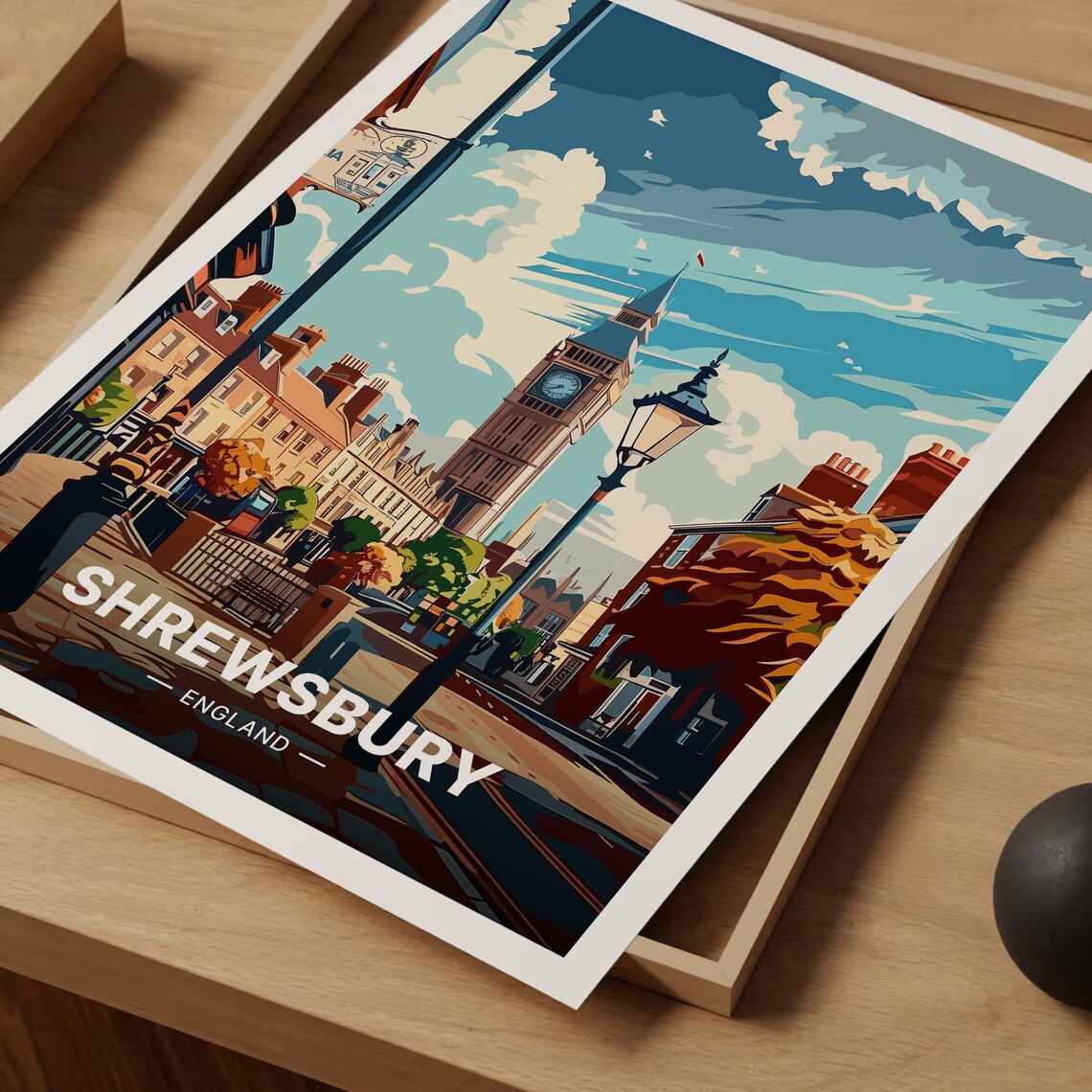 Shrewsbury England Historic Clock Tower Street Vintage Poster - Image 3