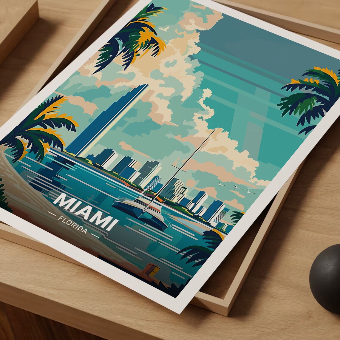 Miami Florida Beach Skyline Palm Trees Sailboat Vintage Travel Poster - Image 3