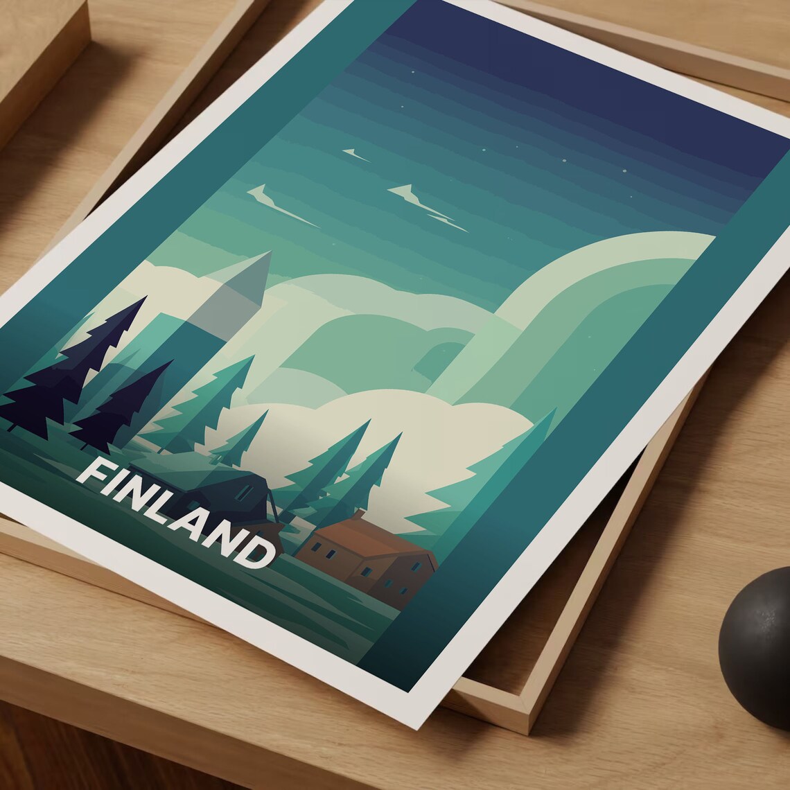 Finland Lapland Northern Lights Snowy Pines Night Travel Poster - Image 3