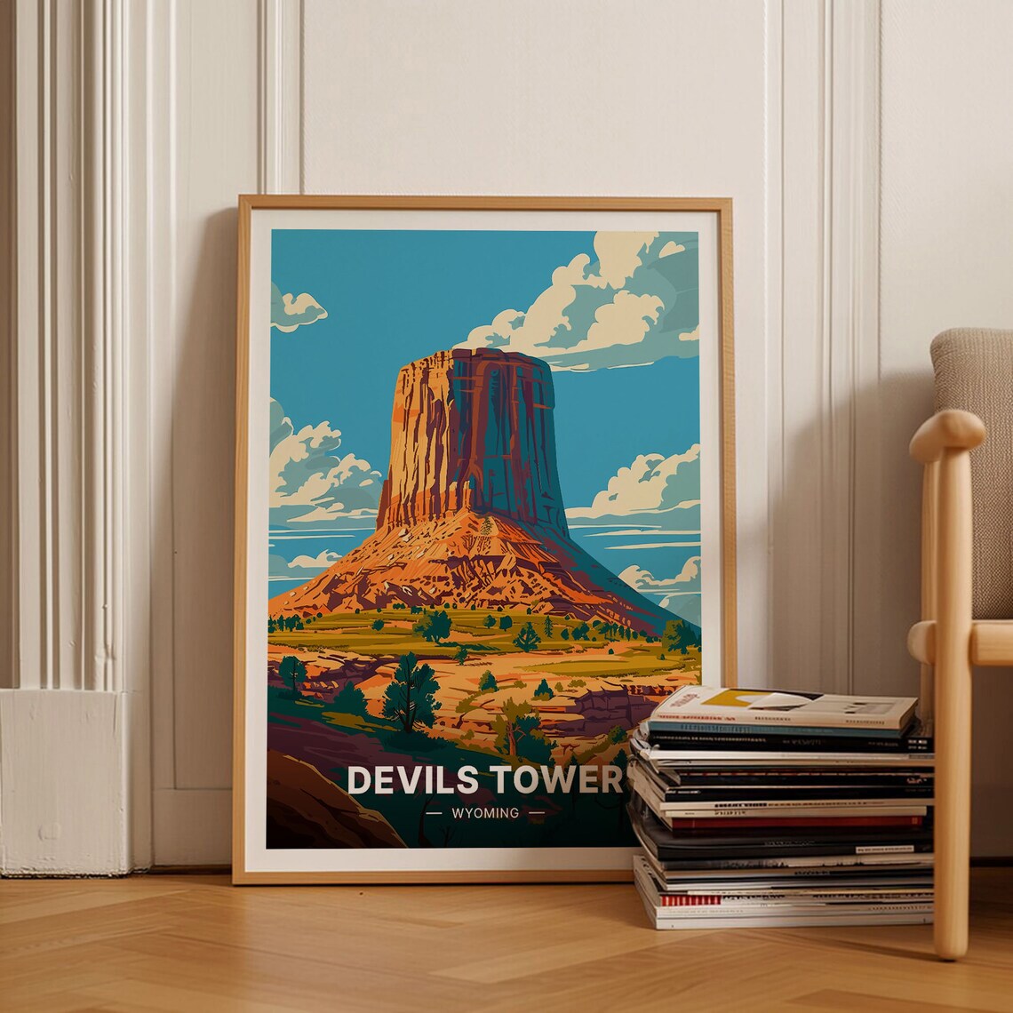 Devils Tower Poster, Wyoming Landscape Travel Art
