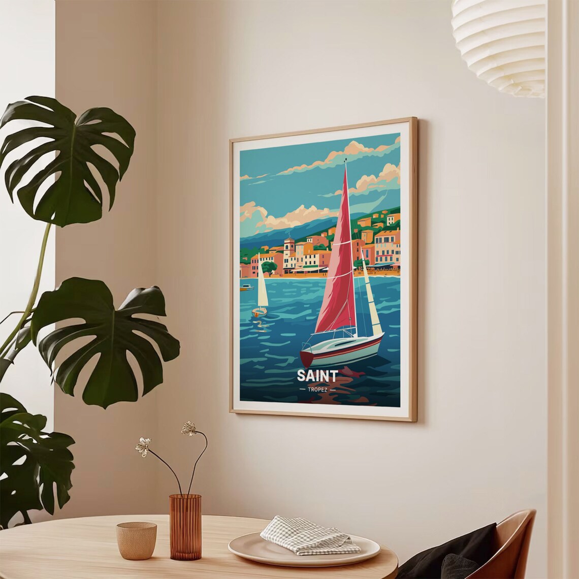 Saint Tropez Harbor Red Sailboat Riviera Vintage Travel Poster - Image 2