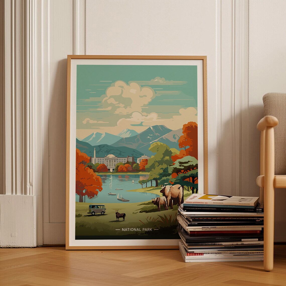 Highland Lake Cattle Camper Van Rowboats National Park Travel Poster