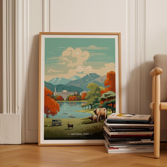 Highland Lake Cattle Camper Van Rowboats National Park Travel Poster