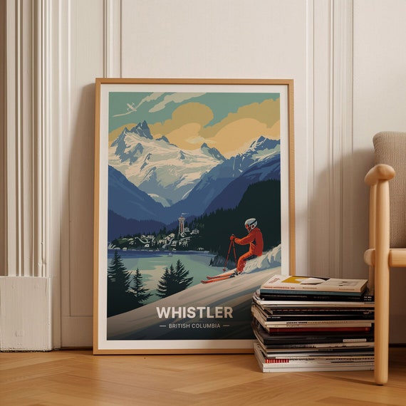 Whistler Blackcomb Ski Poster British Columbia Travel Art Ski Snowboard Decor Peak 2 Peak Gondola Scene C20 1061