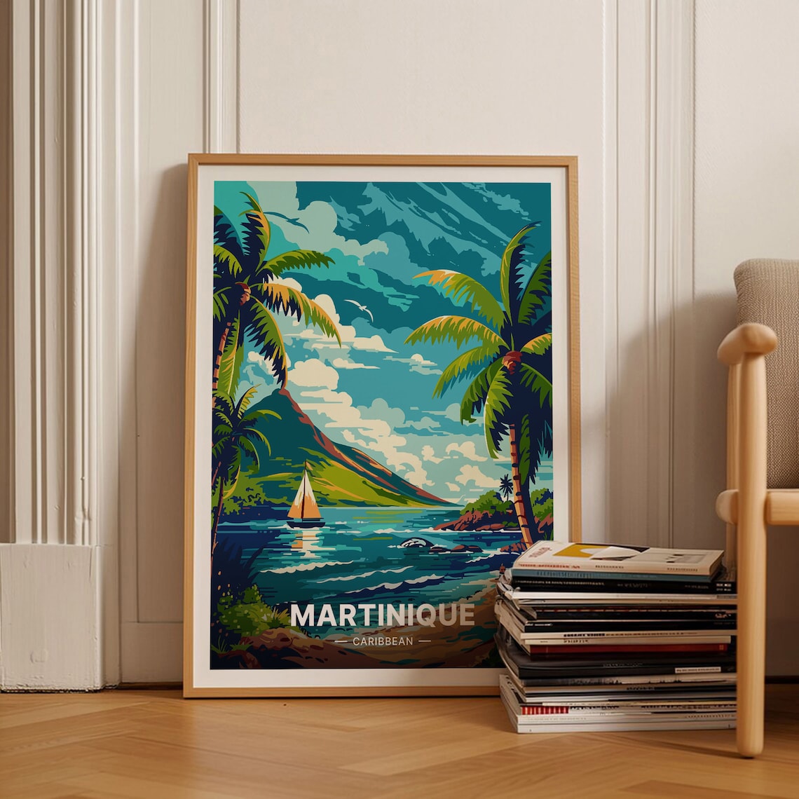 Martinique Caribbean Island Palm Trees Sailboat Vintage Travel Poster