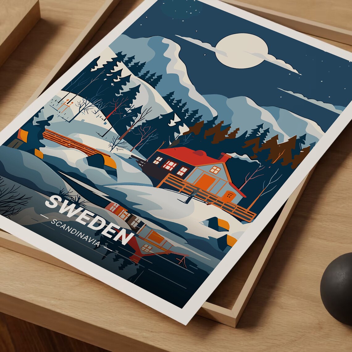 Sweden Scandinavia Snowy Cabin Moonlit Night Winter Travel Poster - Image 3