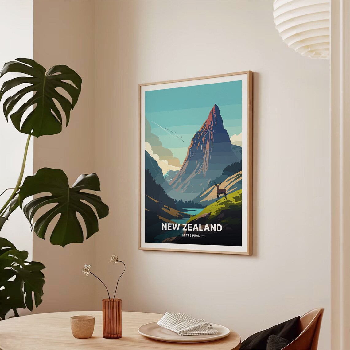 Mitre Peak New Zealand Red Deer Fiordland Vintage Travel Poster - Image 2