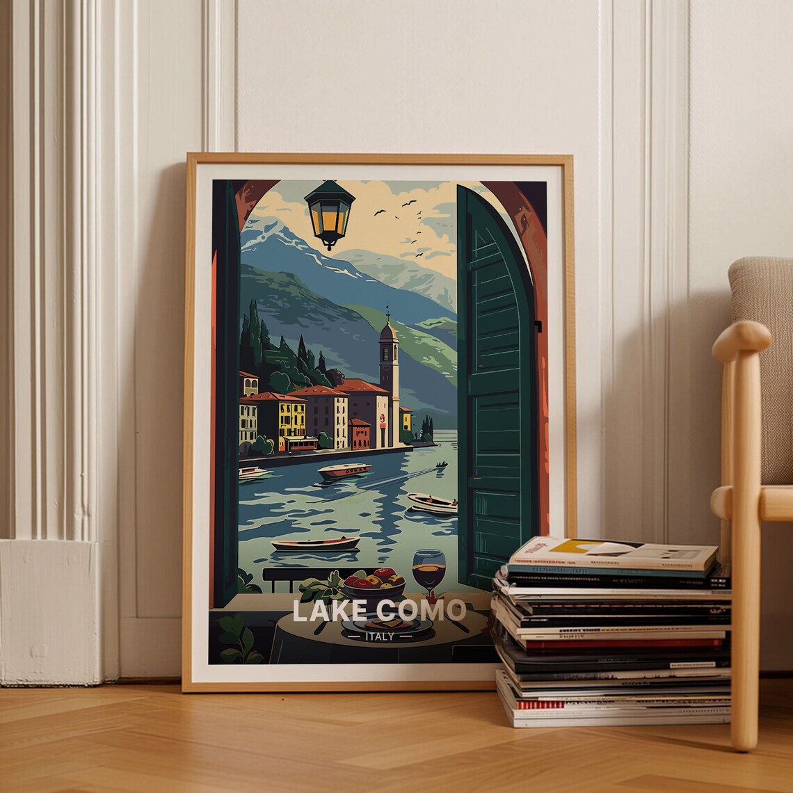 Lake Como Italy Window View Lakeside Town Boats Vintage Travel Poster