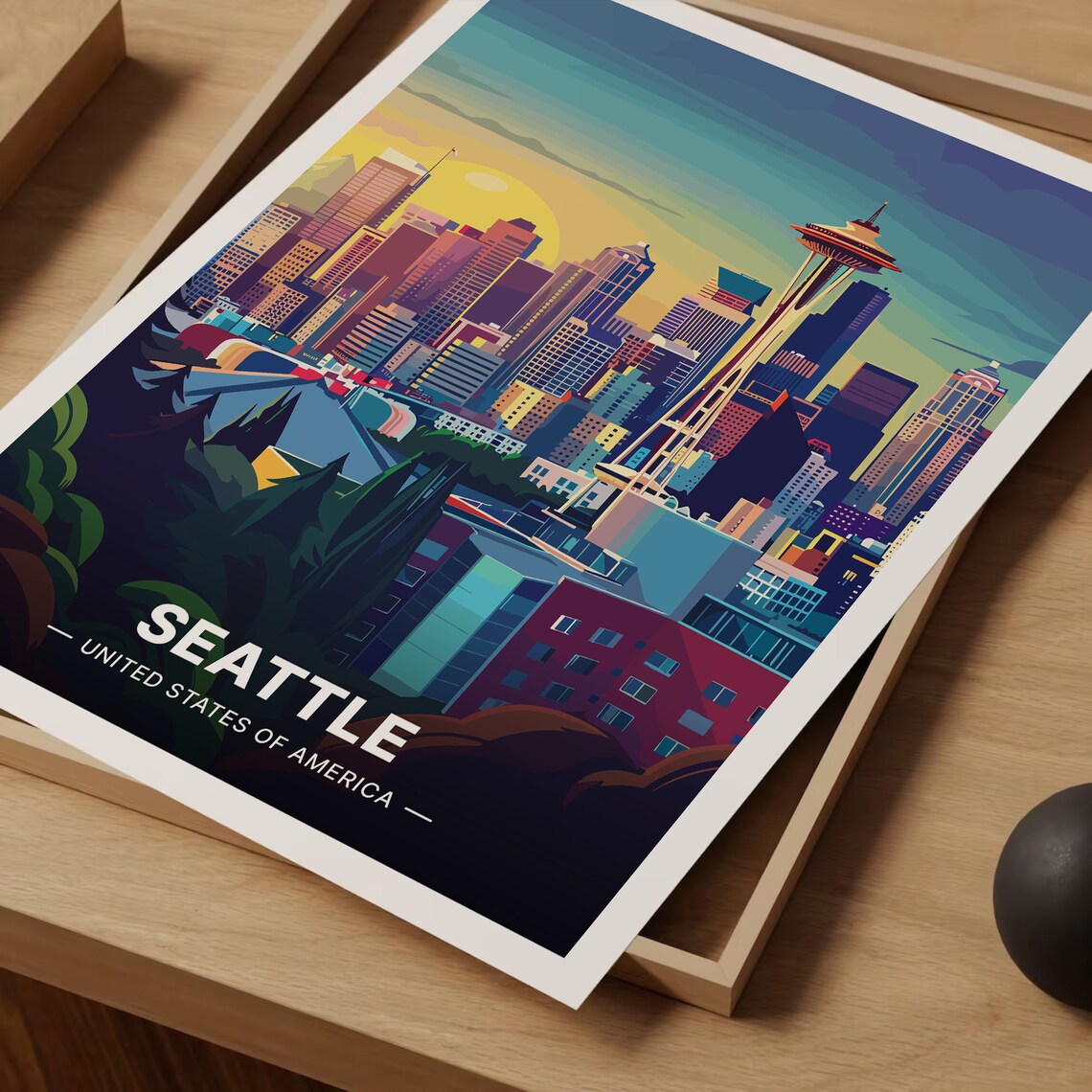 Seattle Skyline Travel Poster, Washington Cityscape - Image 3