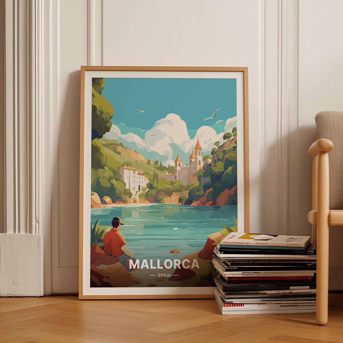 Mallorca Spain Coastal Cove Chapel Cliffs Seagulls Travel Poster