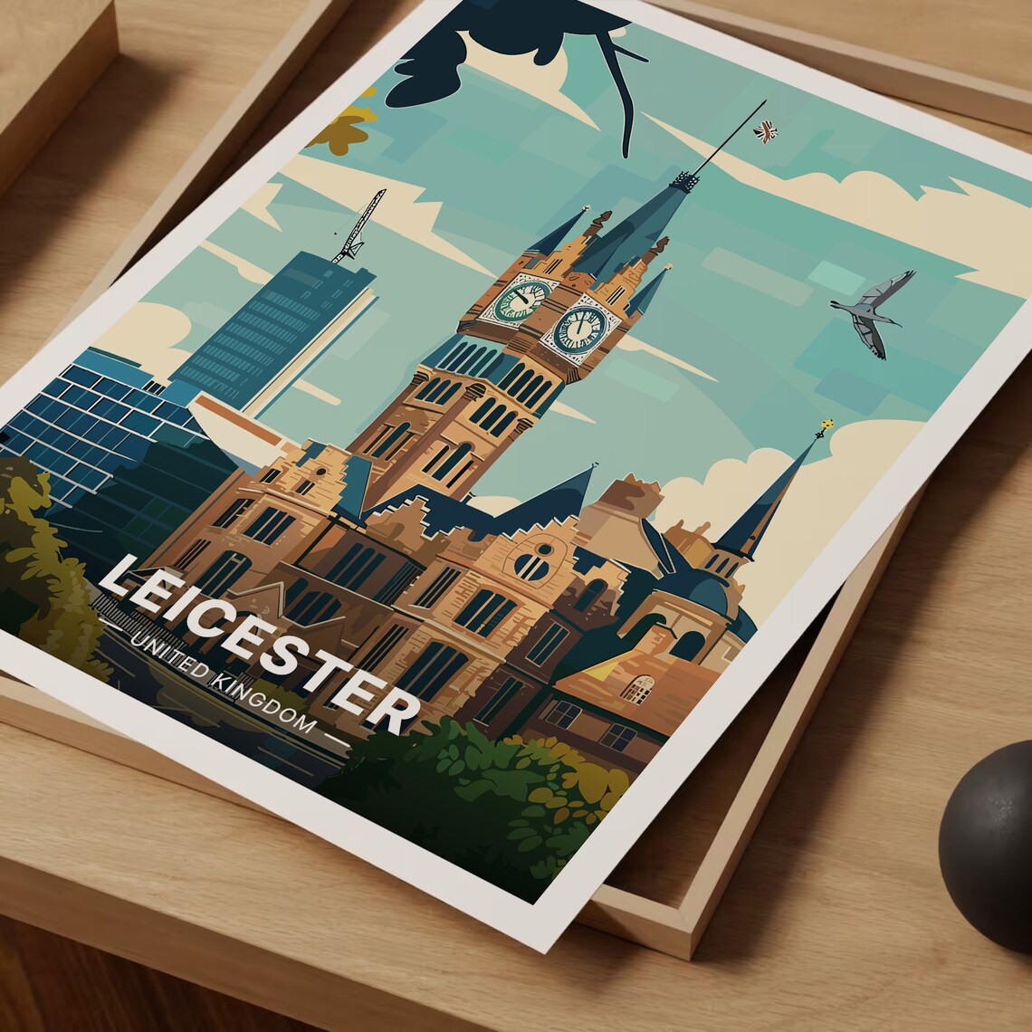 Leicester United Kingdom Travel Poster Clock Tower City Skyline Art - Image 3