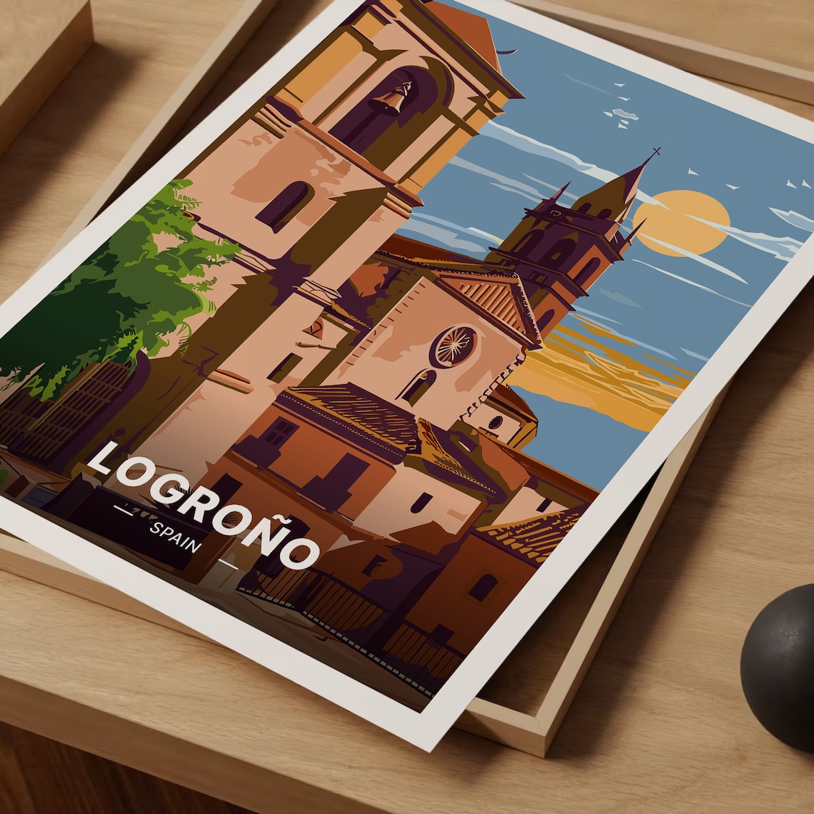 Logrono Spain Church Bell Tower Rose Sunset Vintage Travel Poster - Image 3