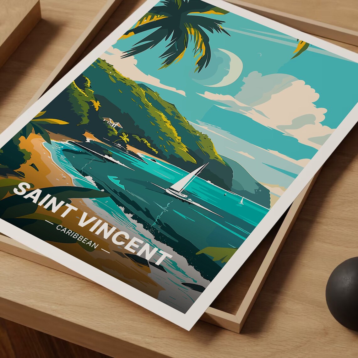 Saint Vincent Caribbean Tropical Beach Sailboat Moonlit Poster - Image 3