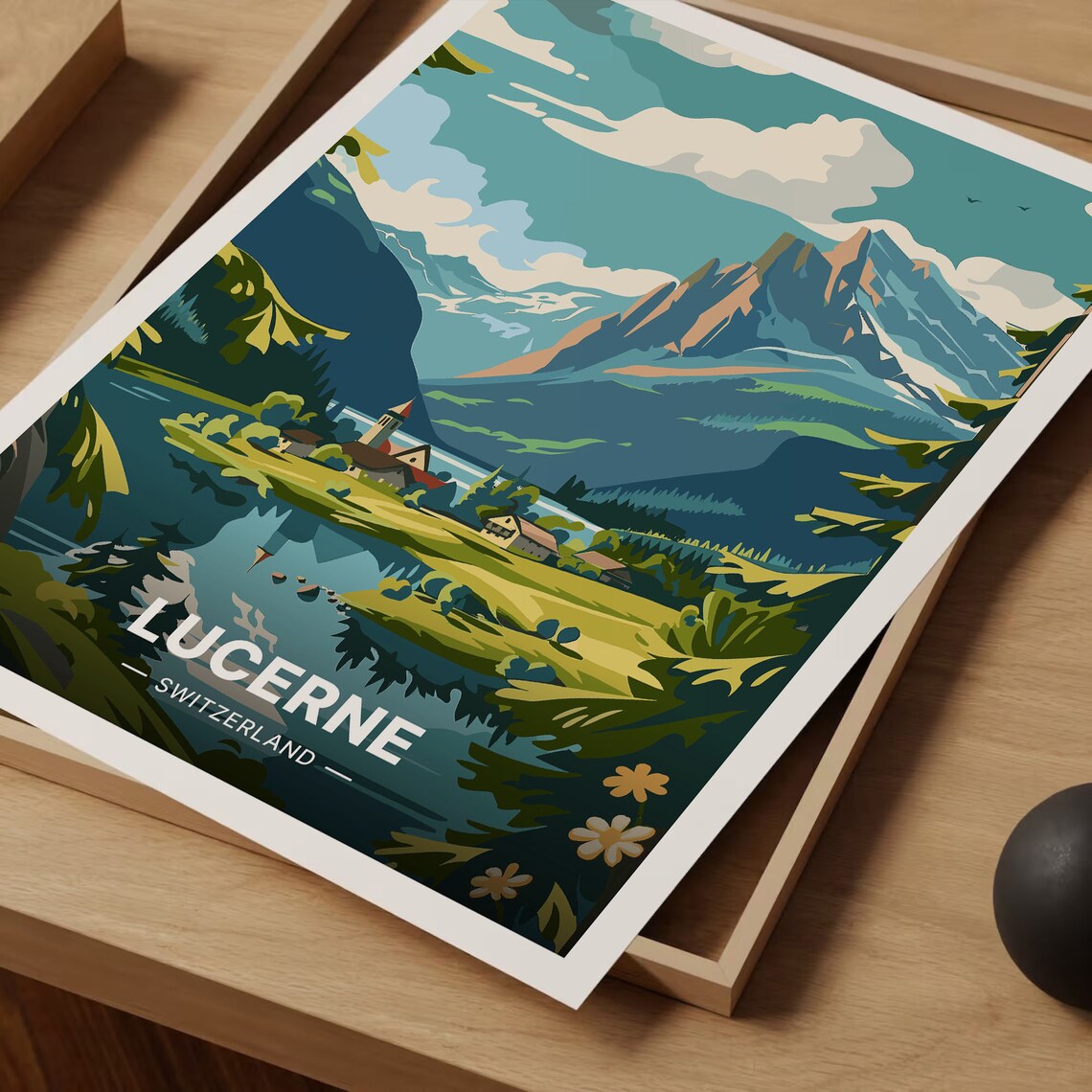Lucerne Switzerland Alpine Lake Mountain Village Travel Poster - Image 3