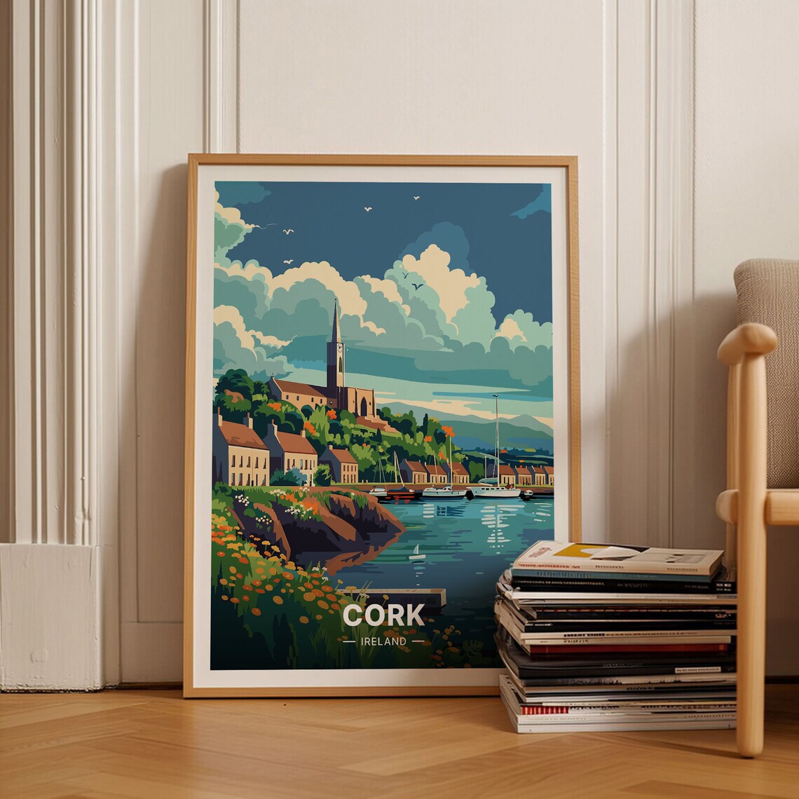 Cork Ireland Harbour Church Spire Sailboats Coastal Travel Poster