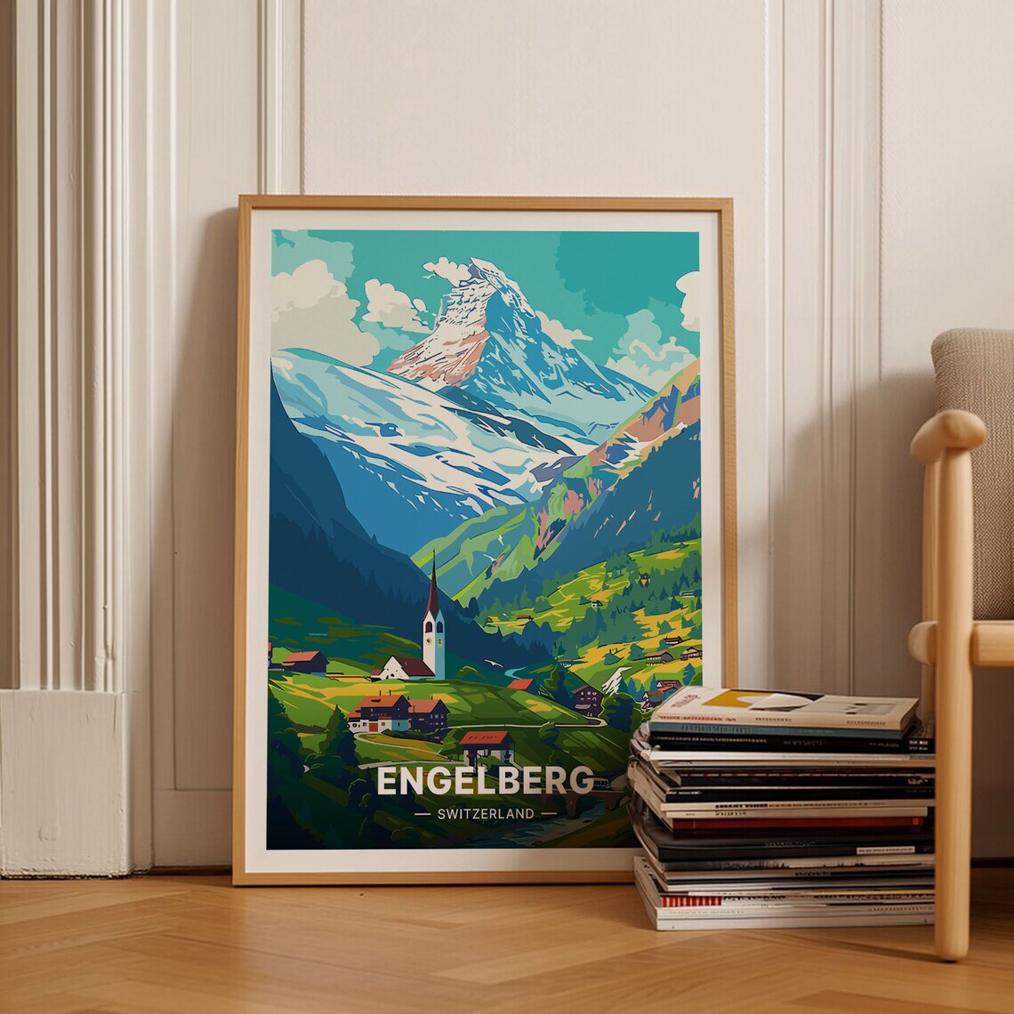Engelberg Switzerland Poster Alpine Village Snowy Peak Scenic Art
