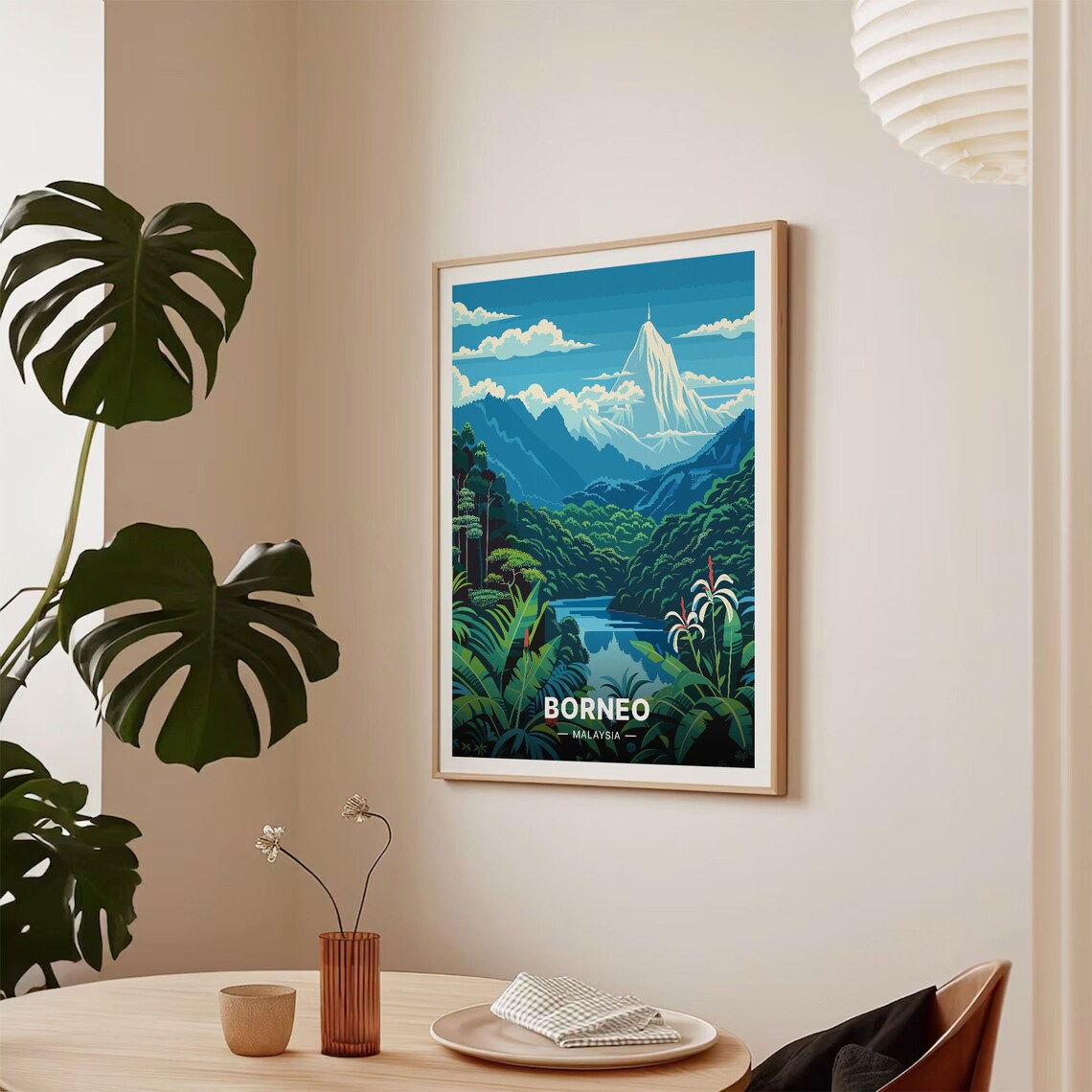 Borneo Malaysia Rainforest River Snow Capped Peak Jungle Travel Poster - Image 2