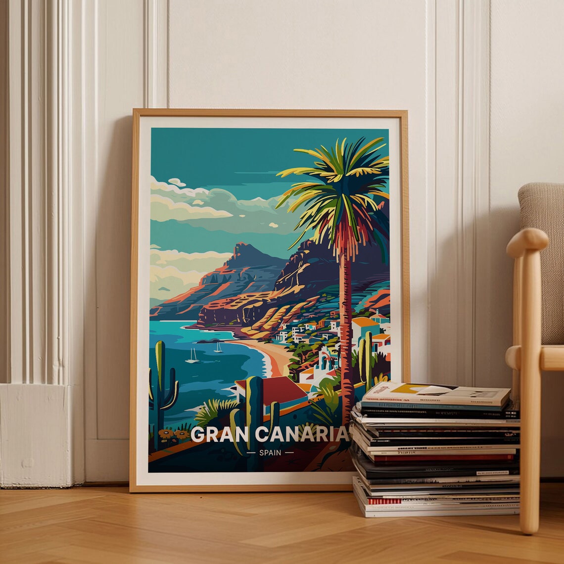 Gran Canaria Spain Palm Beach Cliffs Vintage Island Travel Poster