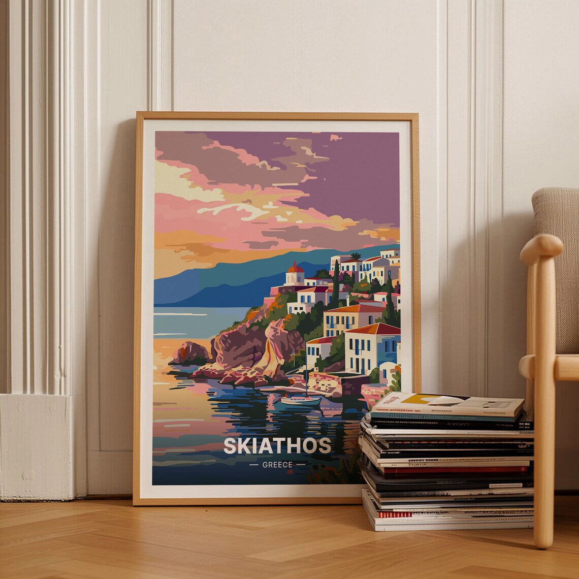 Skiathos Greece Sunset Harbor Whitewashed Village Travel Poster Art
