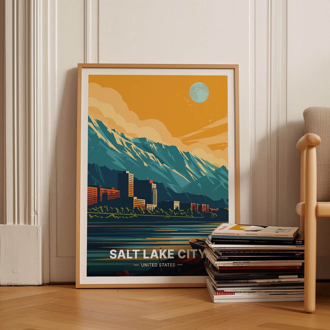 Salt Lake City Utah Mountains Lake Moon Retro Vintage Travel Poster