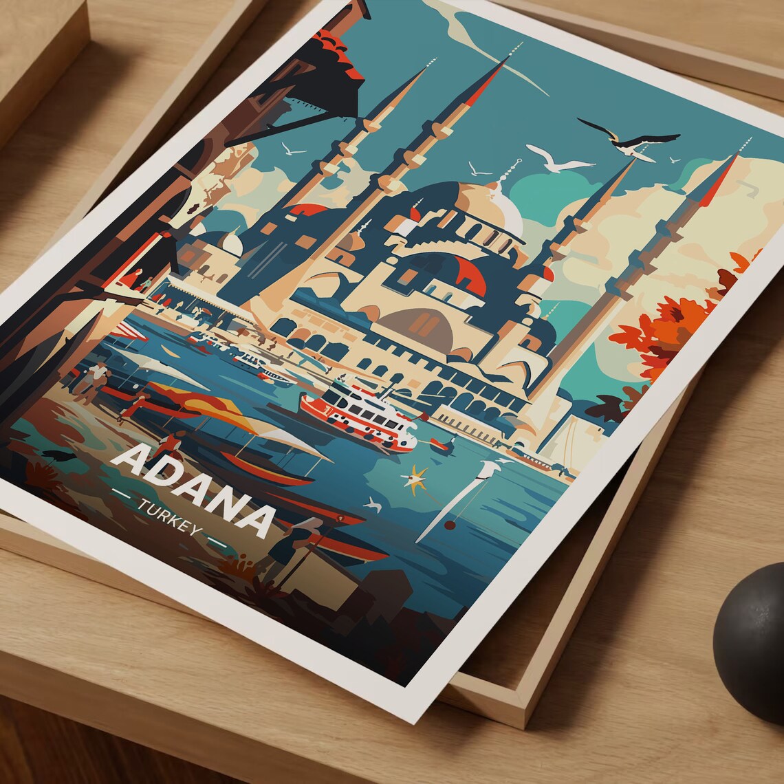 Adana Turkey Mosque Minarets Harbor Waterfront Vintage Travel Poster - Image 3