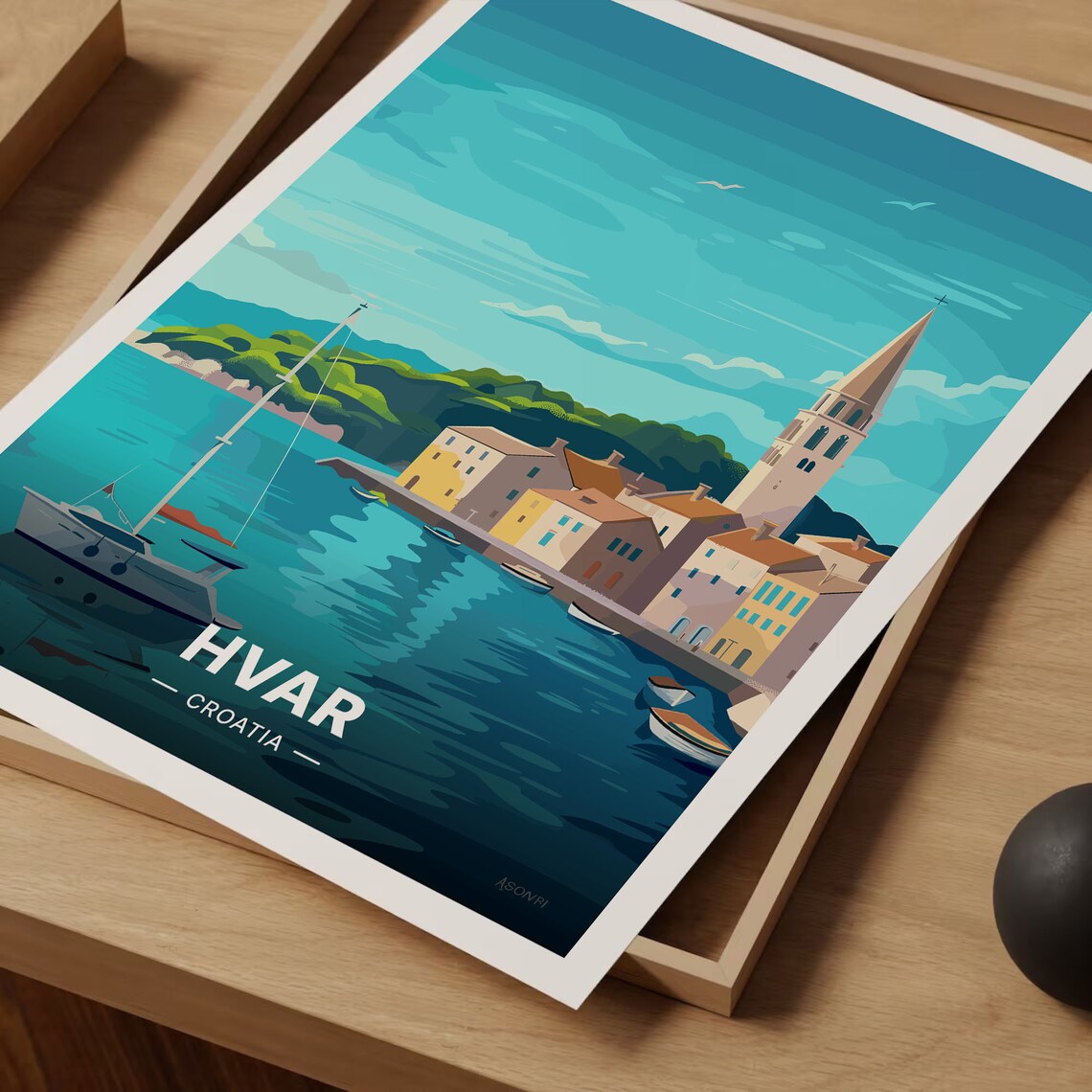 Hvar Croatia Harbour Sailboat Church Spire Coastal Travel Poster - Image 3
