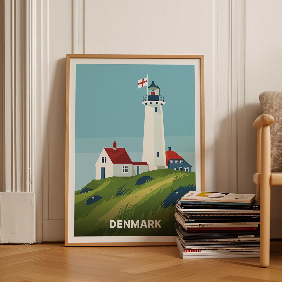 Denmark White Lighthouse Coast Cottage Grass Retro Travel Poster