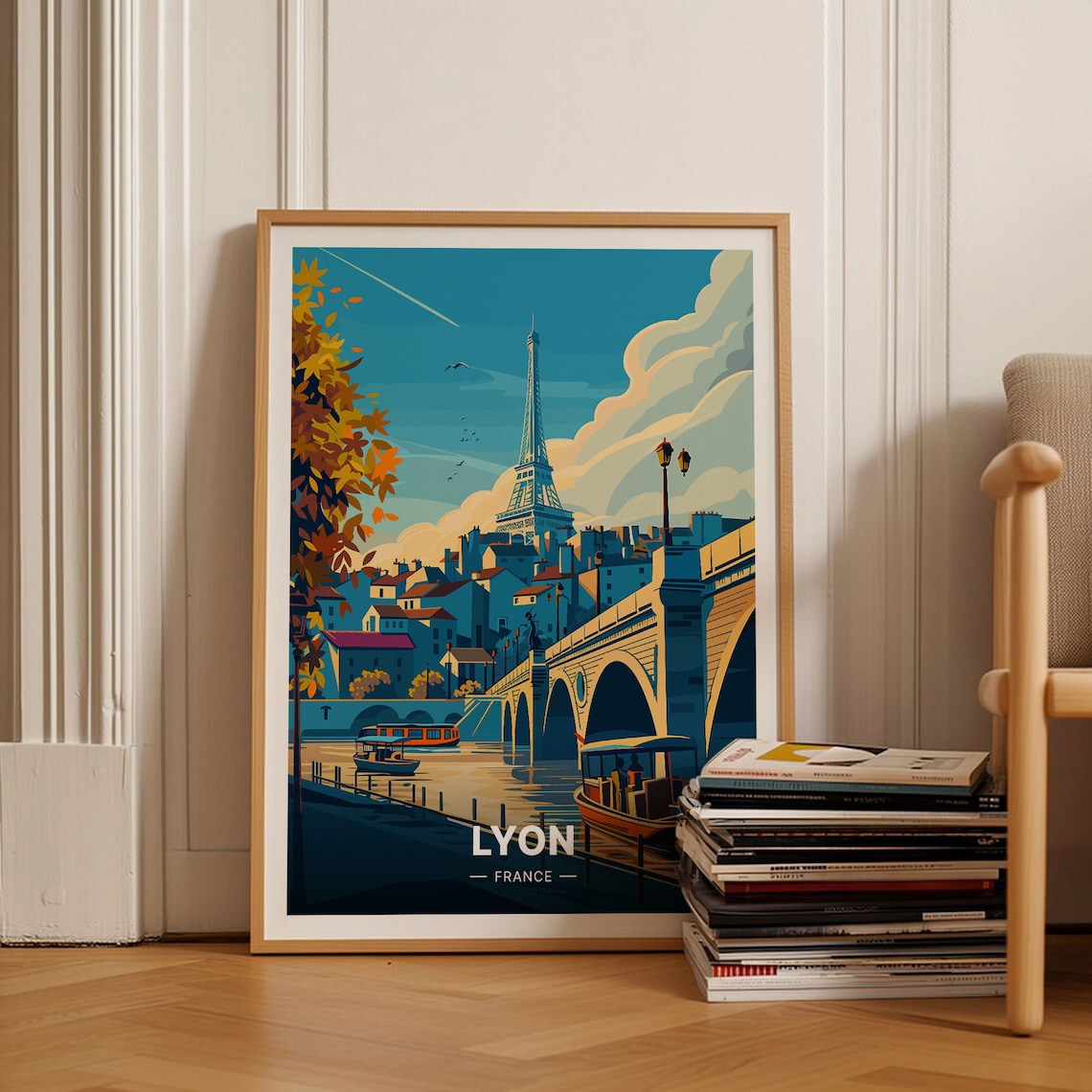 Lyon France River Bridge Boats Iron Tower Autumn Vintage Travel Poster
