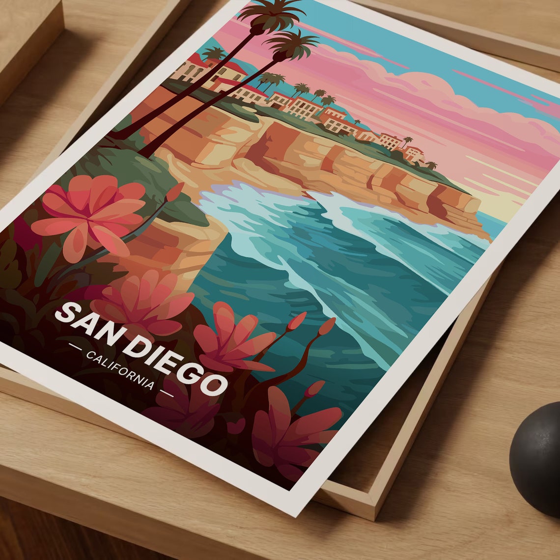 San Diego California Poster Cliffs Palms Sunset Coastline Art - Image 3