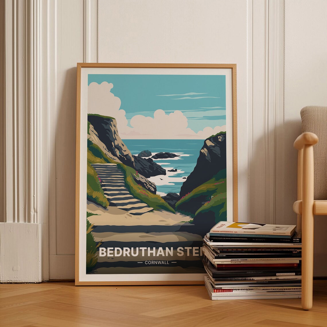 Bedruthan Steps Cornwall Cliff Path Sea Stacks Beach Travel Poster