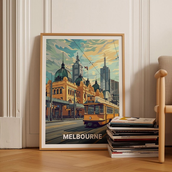 Melbourne Australia Vintage Tram City Landmark Retro Travel Poster