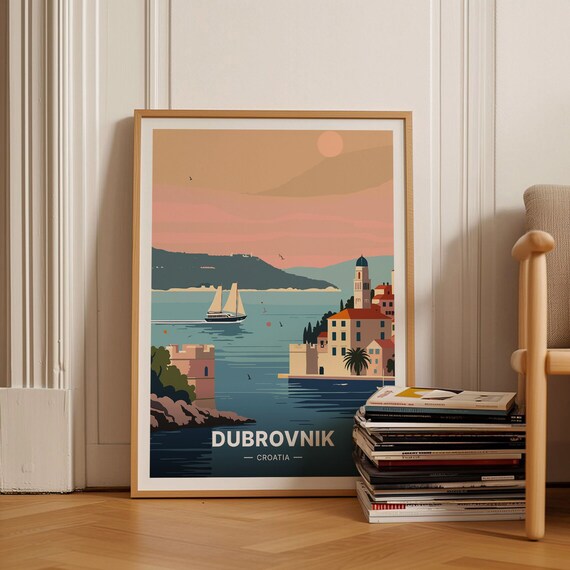 Dubrovnik Croatia Poster Old Town Walls Sunset Sailboat Romantic Art