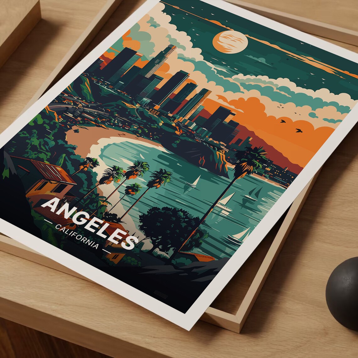 Los Angeles California Skyline Beach Palms Golden Sunset Travel Poster - Image 3