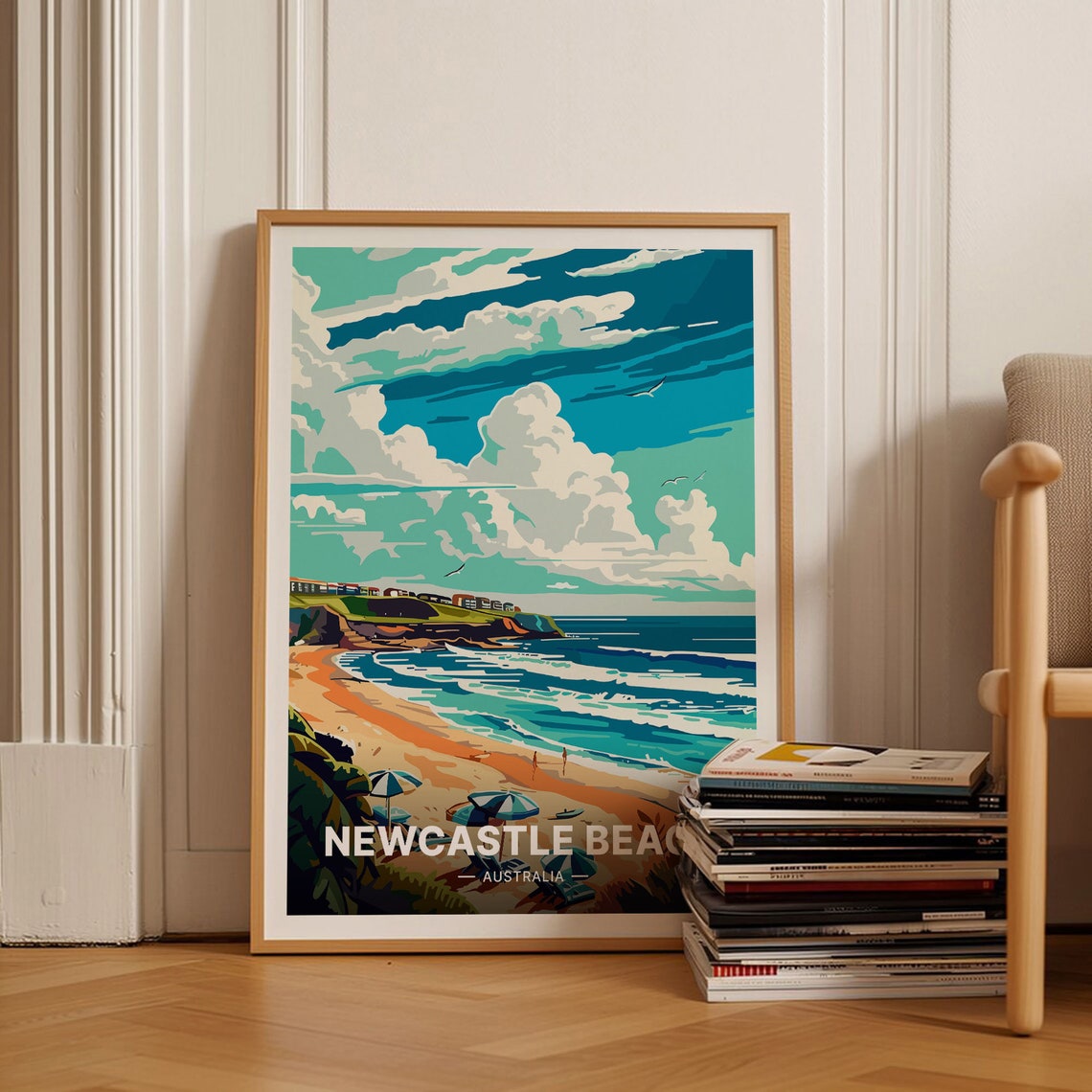 Newcastle Beach Australia Surf Headland Vintage Travel Poster