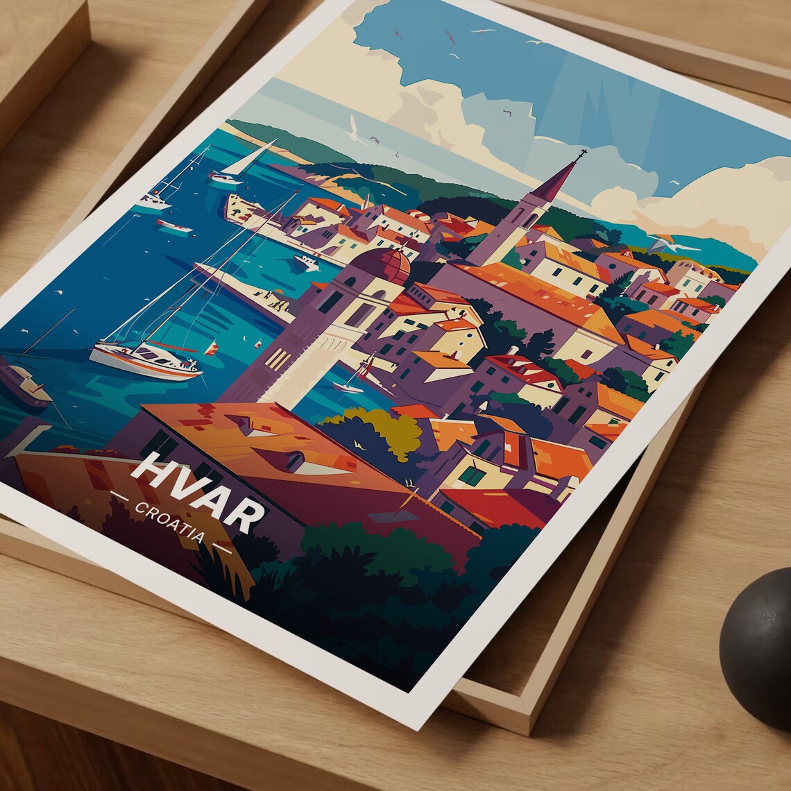 Hvar Croatia Old Town Harbour Sailing Boats Evening Travel Poster - Image 3