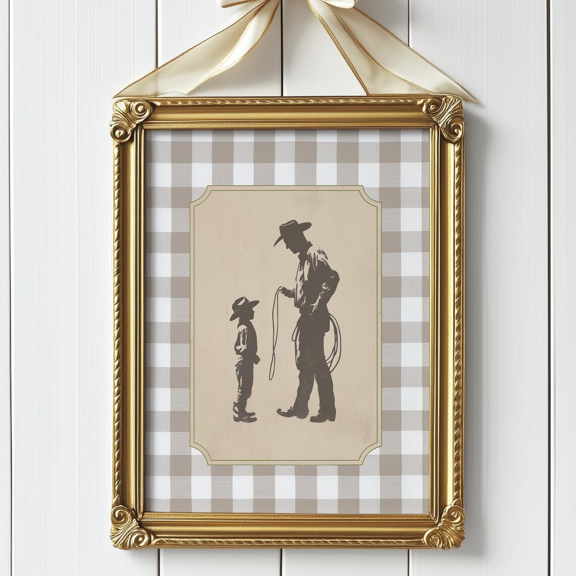 Cowboy Father and Son Silhouette Gingham Rustic Nursery Print