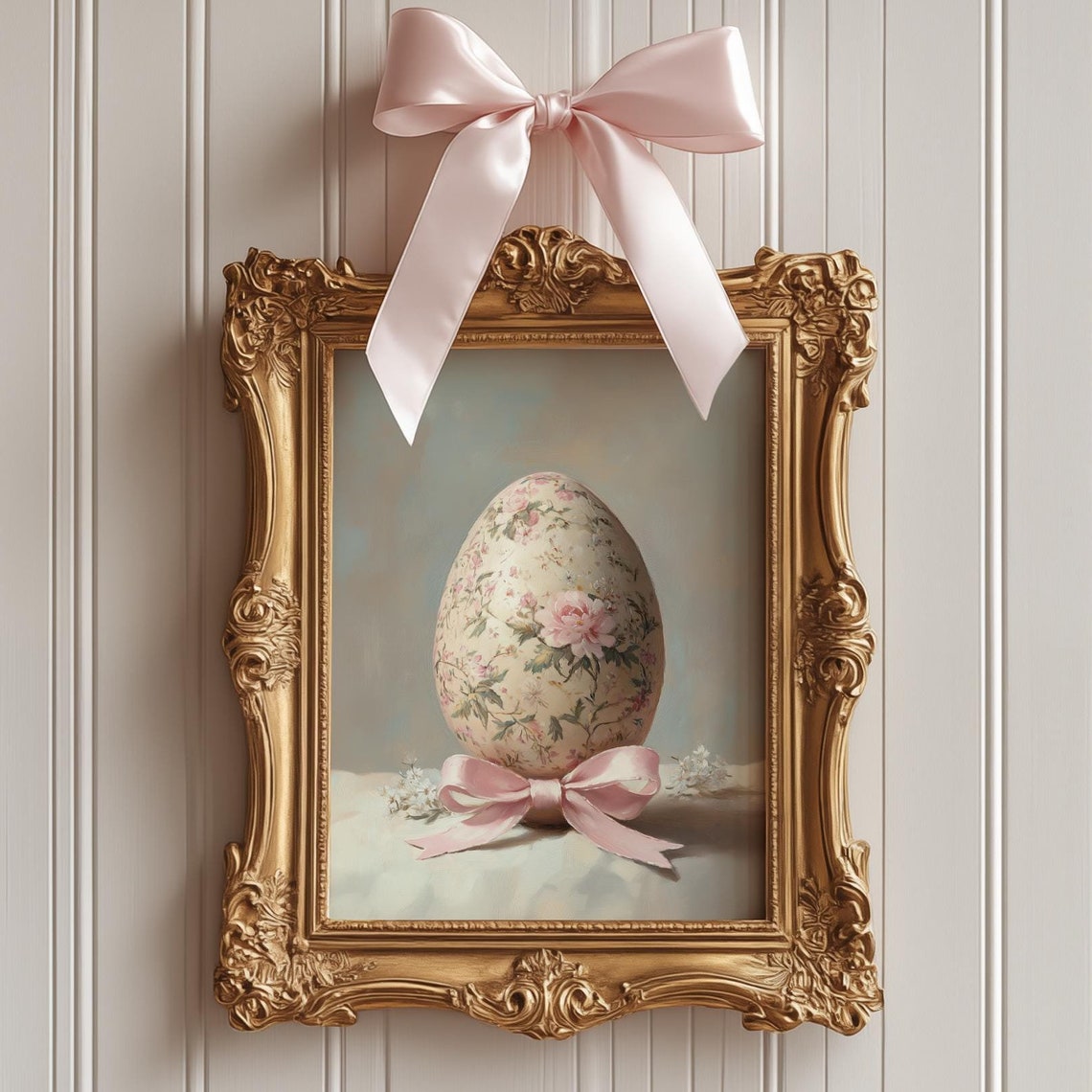 Pink Floral Easter Egg with Satin Bow in Ornate Gold Frame Art Poster