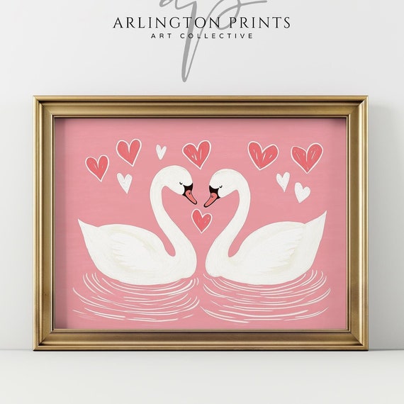 Cute Pink Valentine Swans Print Nursery Wall Art Romantic Pink Home Decor Little Girl Nursery Print Swans In Love Painting