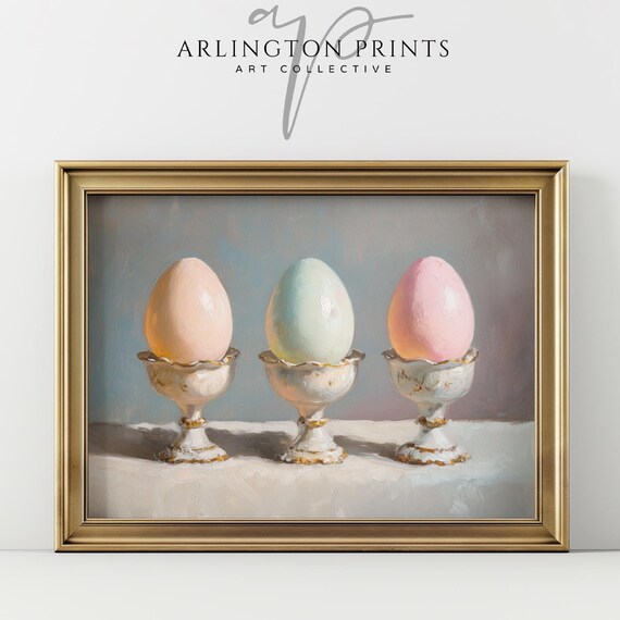 Three Soft Pastel Easter Eggs Vintage Egg Cups Spring Art Print