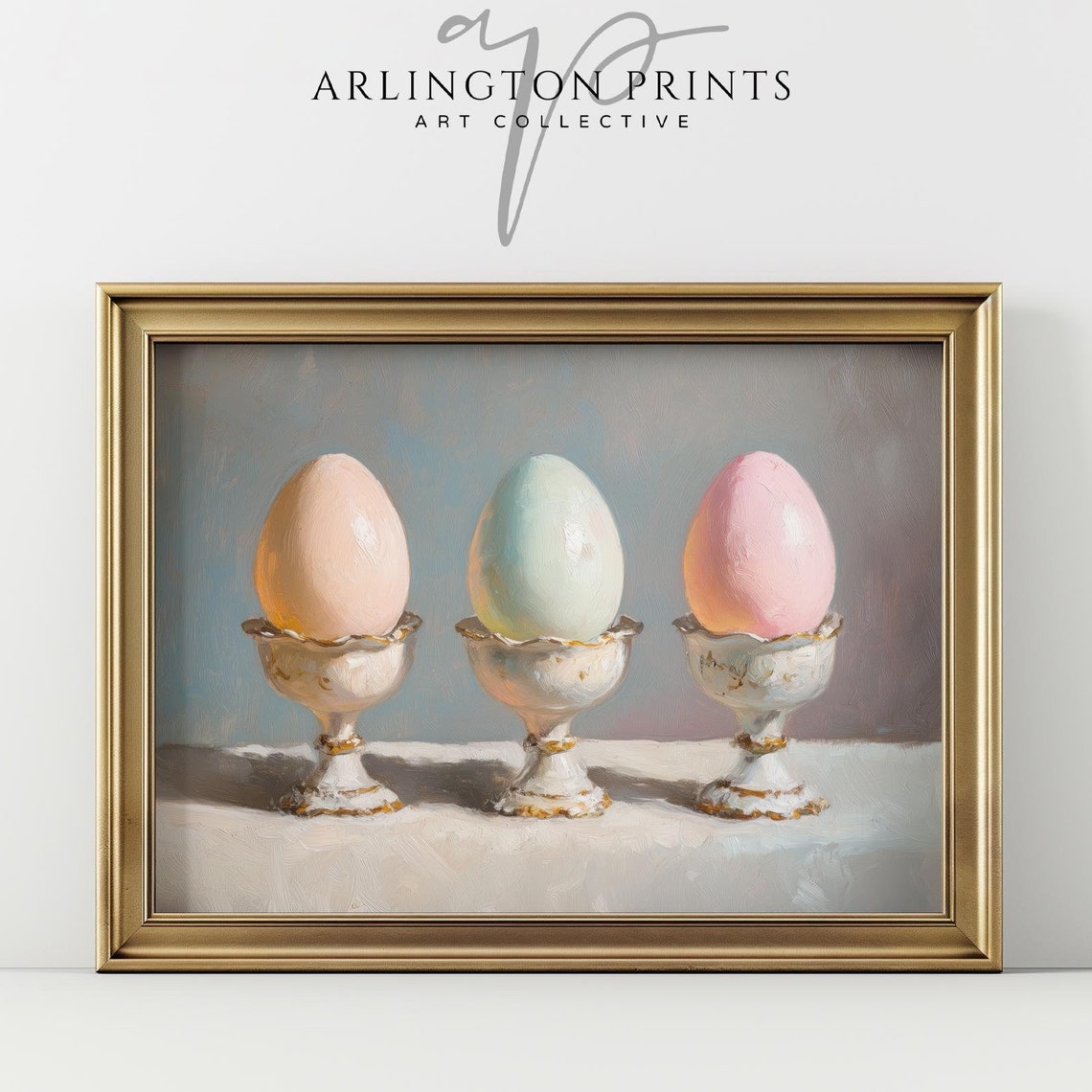 Three Soft Pastel Easter Eggs Vintage Egg Cups Spring Art Print