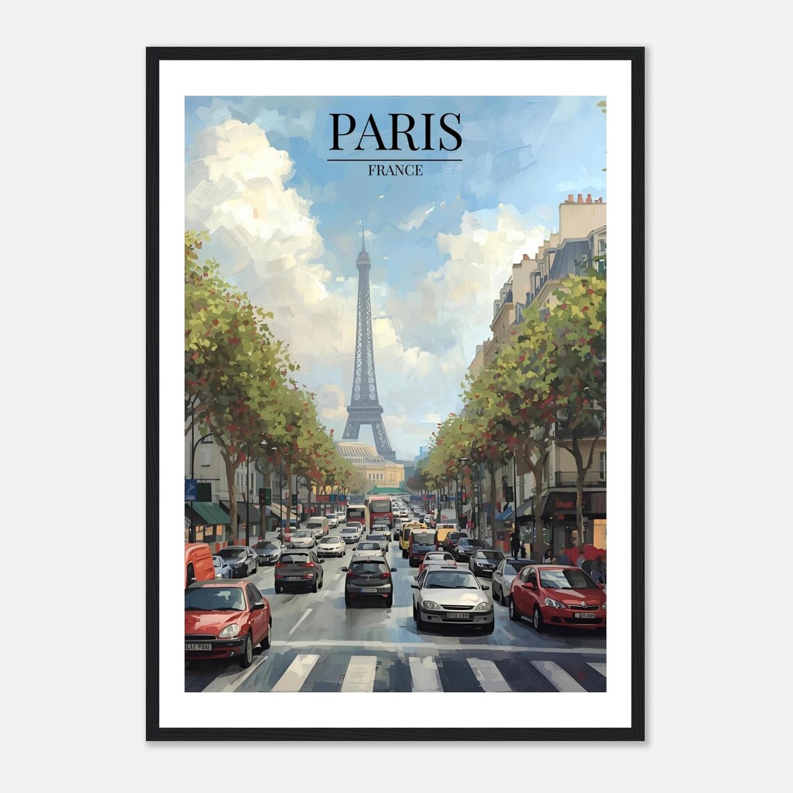 Paris France Eiffel Tower Busy Street Painterly Travel Poster