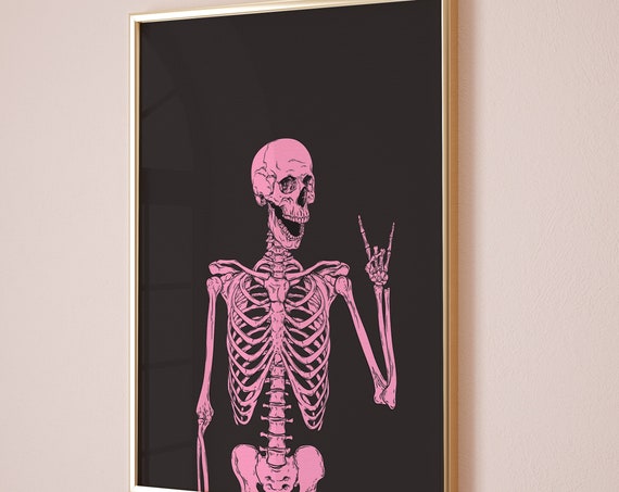 Pink Halloween Skeleton Peace Sign Funny Art Print
