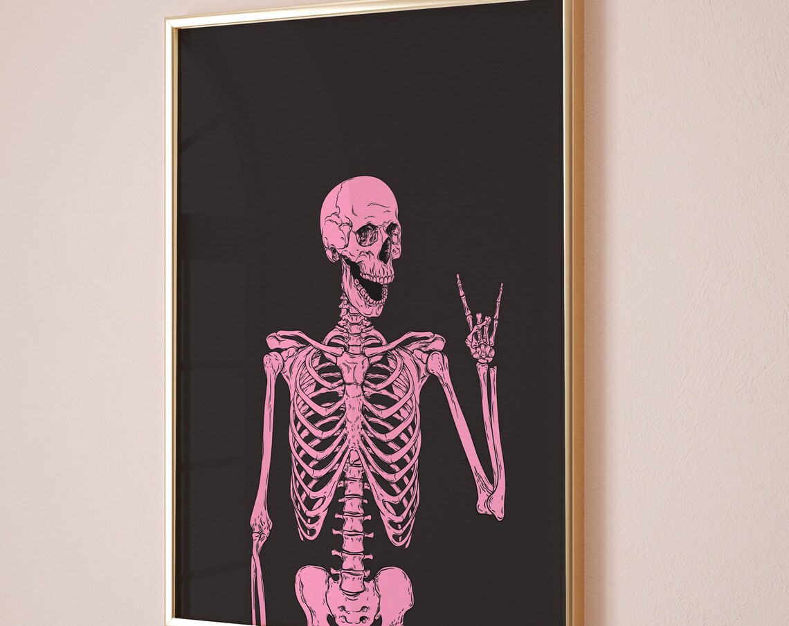 Pink Halloween Skeleton Peace Sign Funny Art Print