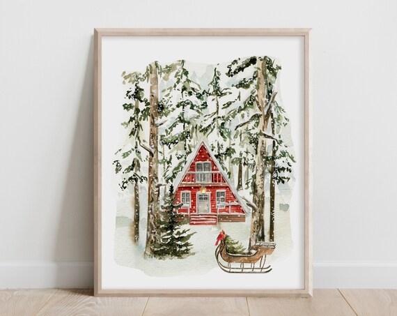 Red A Frame Cabin in Snowy Pine Woods with Sleigh Watercolor Christmas Wall Art