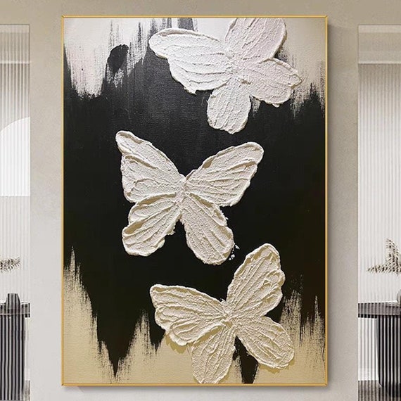 White Butterfly With Black Background Art Abstract Nature Wall Art Hand Painted Black White Gold Acrylic Painting Artistic Home Decor