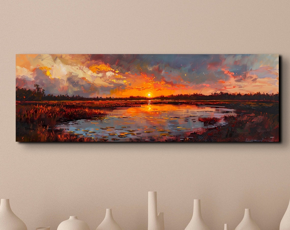 Dramatic Fiery Orange Sunset Over a Wetland with Lily Pads Poster