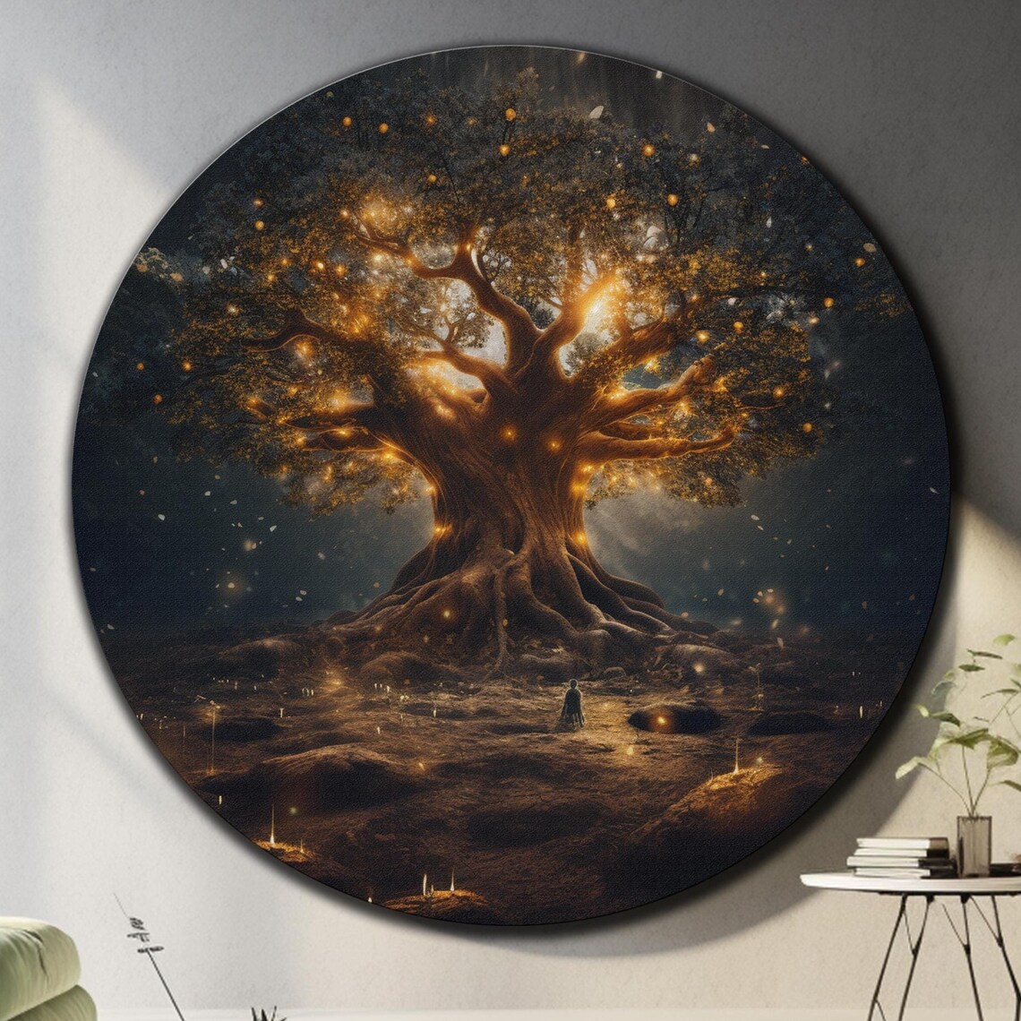 Enchanted Golden Tree Of Life Night Glow Lone Figure Round Wall Art