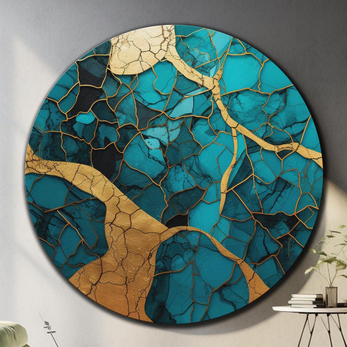 Turquoise Teal Marble Gold Vein Abstract Luxury Round Glass Wall Art
