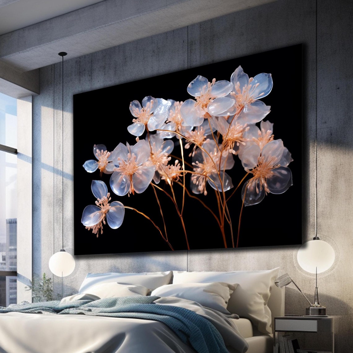 Translucent Crystal Cherry Blossoms Glass Flowers Black Wall Art